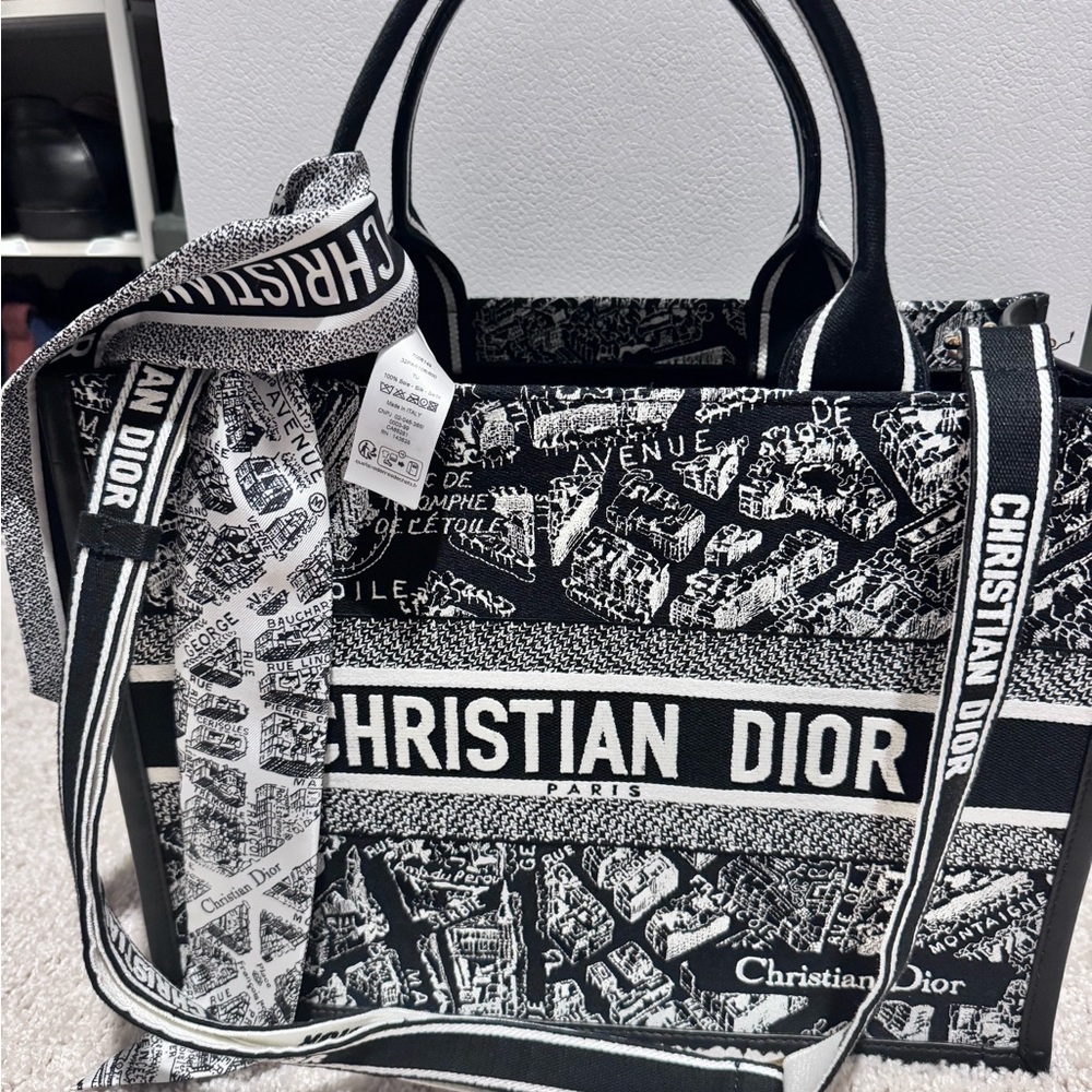 Medium Dior Tote Plan de Paris embroidery with black Calf skin